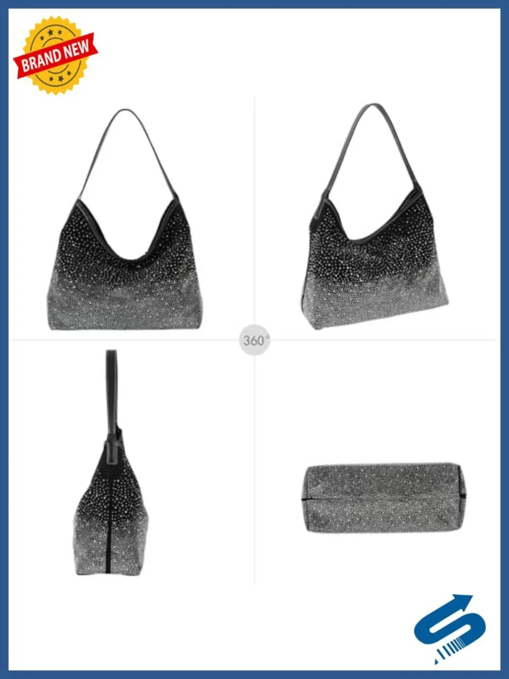 Women Suede Leather Tote Handbag with Rhinestones Sparkly Evening Shoulder Hobo